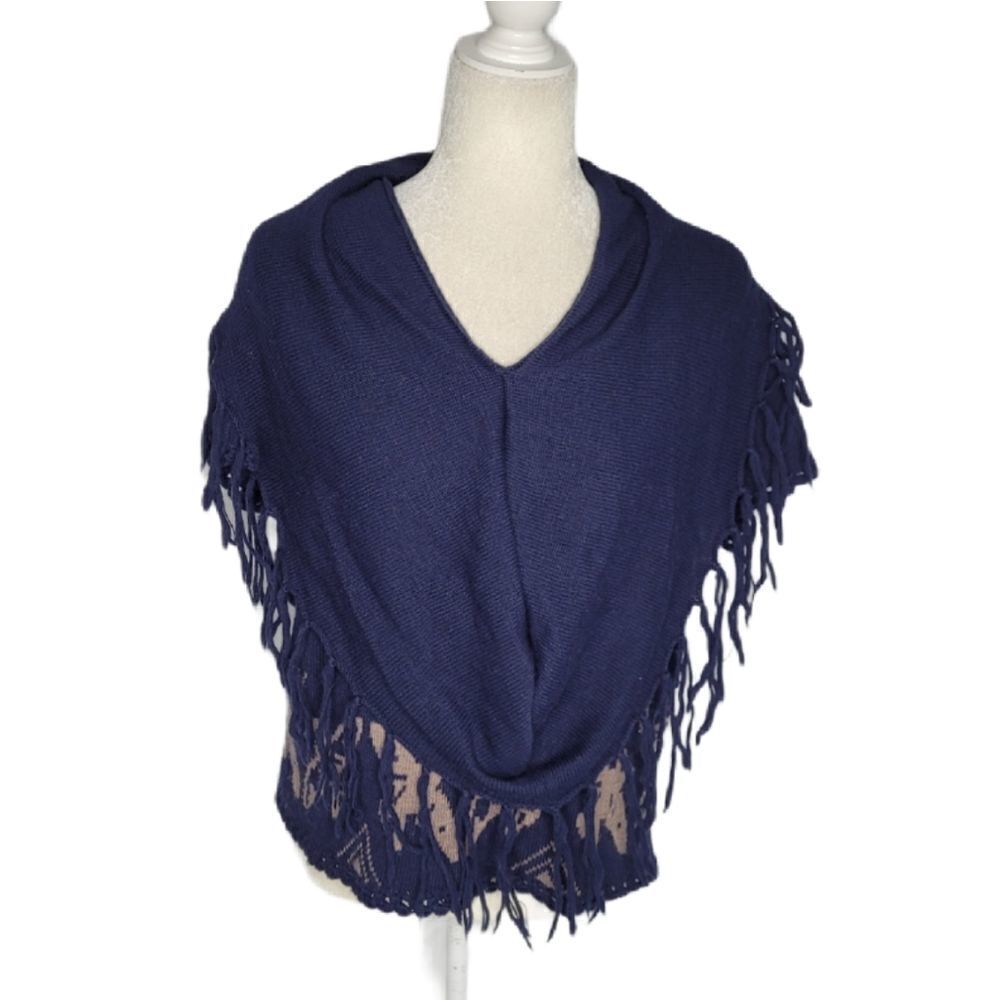 ANTHROPOLOGIE Moth navy‎ blue wool fringe poncho bird sweater XS